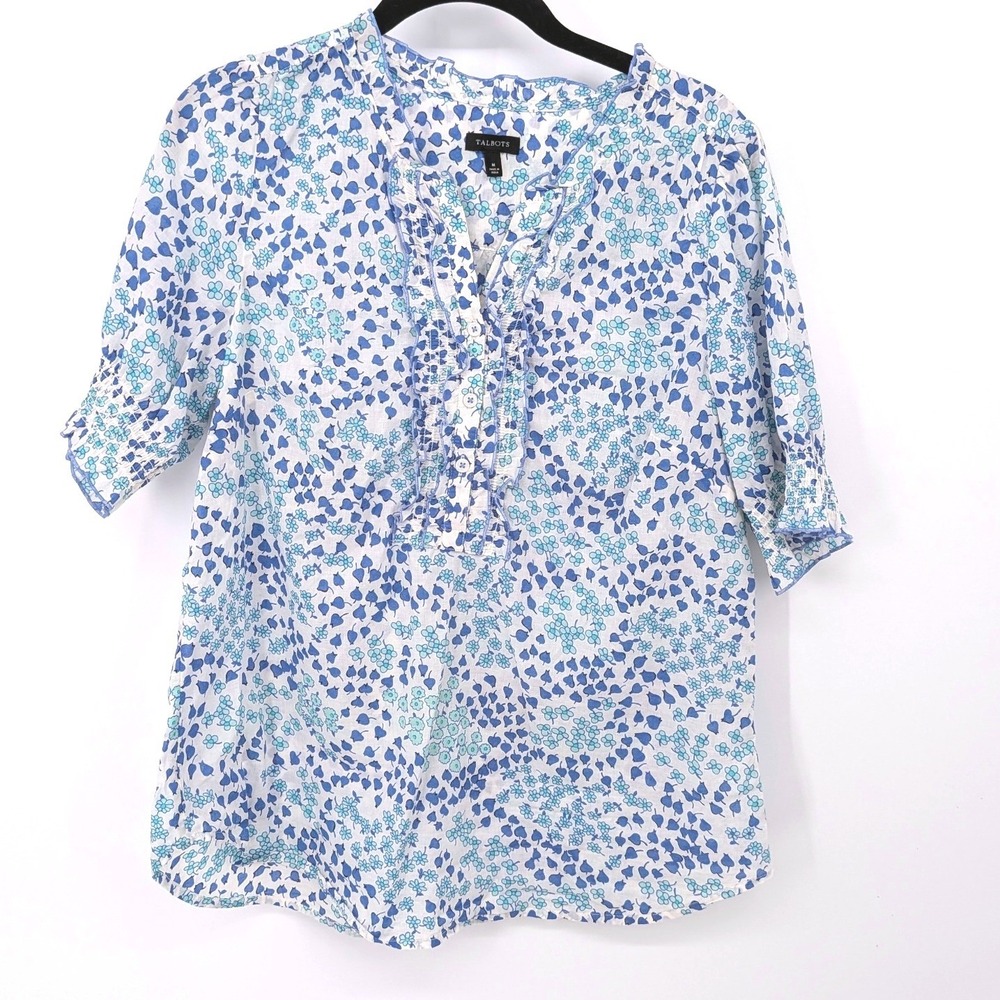 Talbots Floral Henley Blouse Women Medium Blue White Ruffle Smocked Top Office